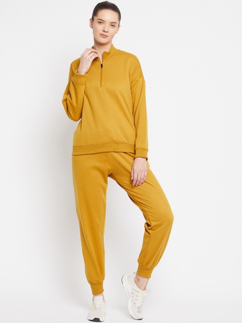 

FRENCH FLEXIOUS Women Mustard-Yellow Solid Relaxed-Fit Track Suit