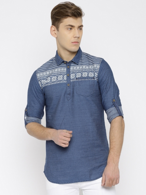 

The Indian Garage Co Men Blue Shirt Style Denim Kurta