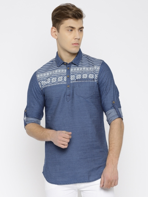 

The Indian Garage Co Men Blue Shirt Style Denim Kurta