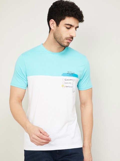 

Smiley World Men White & Turquoise Blue Colourblocked T-shirt