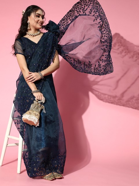 

Tikhi Imli Floral Organza Saree with Embroidered Border, Navy blue