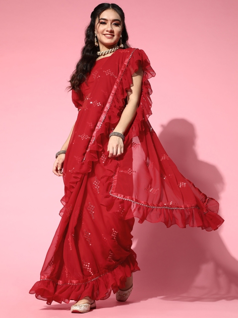 

Tikhi Imli Embellished Poly-Georgette Saree with Solid border, Red