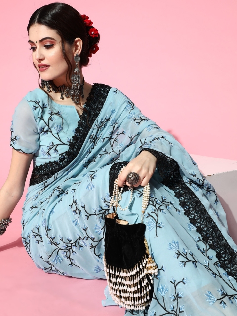 

Tikhi Imli Floral Poly-Georgette Saree with Embroidered border, Blue