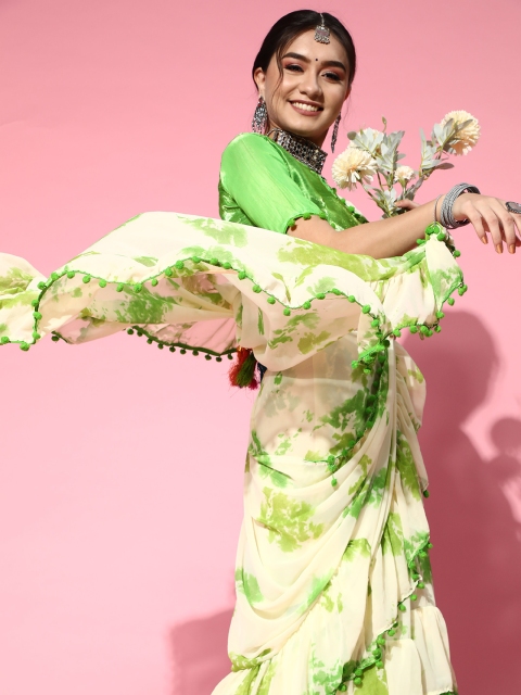 

Tikhi Imli Tie and Dye Poly-Georgette Saree with Embellished border, Green