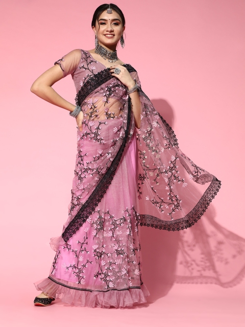 

Tikhi Imli Floral Saree with Embroidered border, Lavender