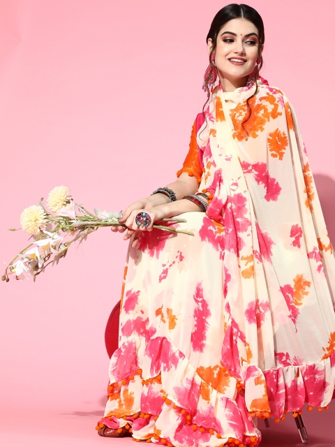 

Tikhi Imli Tie and Dye Poly-Georgette Saree with Printed border, Cream