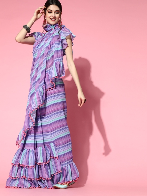 

Tikhi Imli Purple Poly-Georgette Saree with Striped border