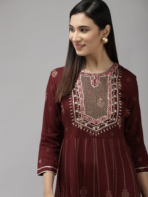 

Indo Era Women Maroon & Golden Ethnic Motifs Ethnic Maxi Dress