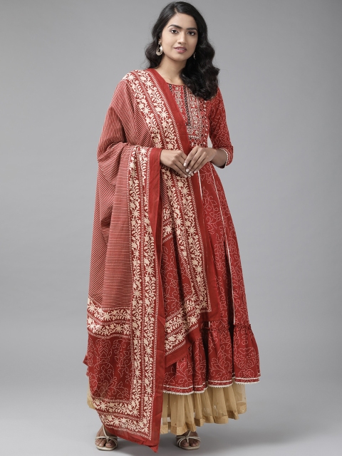 

Indo Era Women Maroon & Off White Bandhani Printed Gotta Patti Kurta with Dupatta