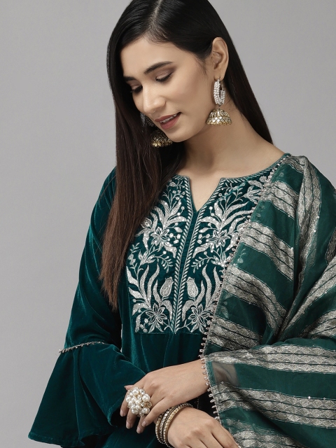 

Indo Era Women Teal Blue Ethnic Motifs Yoke Design Kurta with Palazzos & With Dupatta