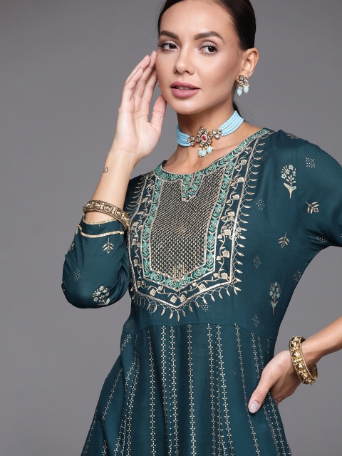 

Indo Era Teal Floral Embroidered Ethnic A-Line Maxi Dress
