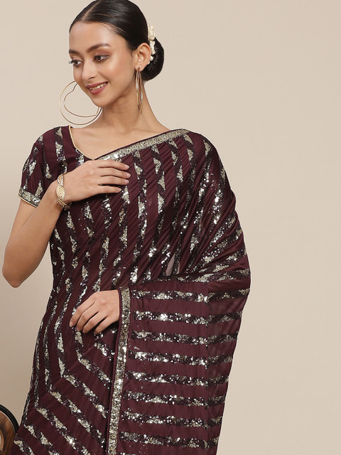 

Mitera Burgundy & Silver Sequinned Embellished Saree