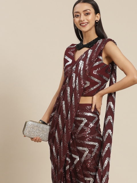 

Mitera Maroon & Silver Sequinned Embellished Ready to Wear Saree