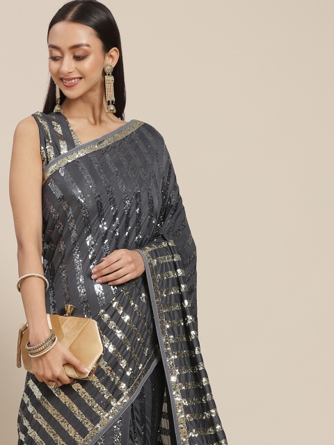 

Mitera Charcoal Grey & Silver Sequinned Embellished Saree