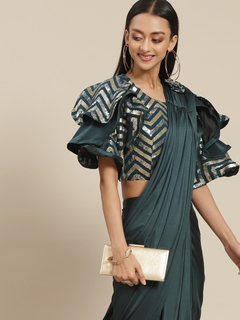 

Mitera Green Solid Ready to Wear Saree