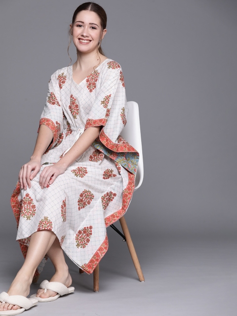 

Libas White Cotton Printed Kaftan Night Dress