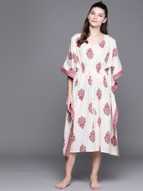 

Libas White Cotton Printed Kaftan Night Dress