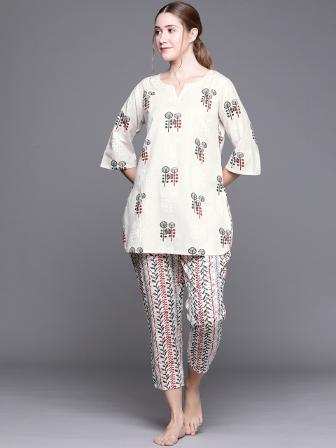 

Libas Off white Cotton Printed Night Kurti And off white Cotton Printed Pyjamas