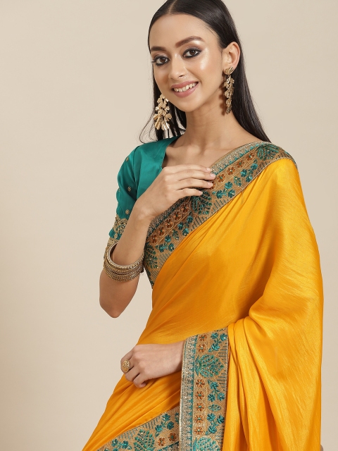 

Mitera Mustard Yellow & Teal Green Solid Saree