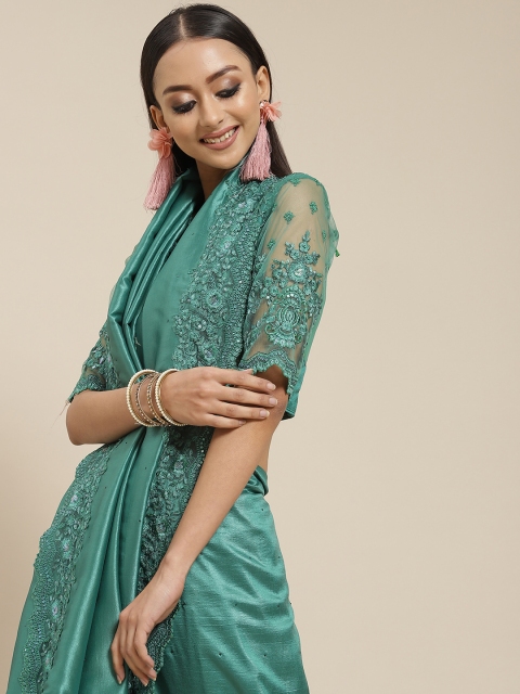 

Mitera Teal Green Sequinned Pure Silk Saree