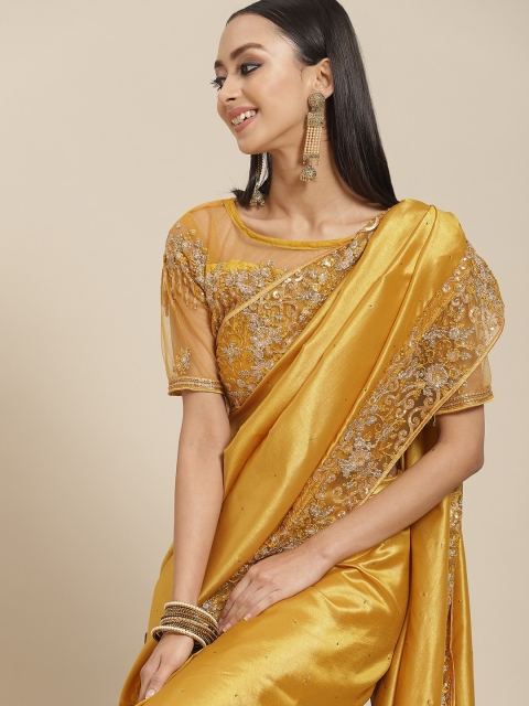 

Mitera Mustard Yellow Embellished Sequinned Pure Silk Fusion Saree