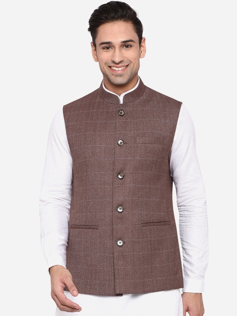 

JADE BLUE Men Coffee Brown Checked Woven Nehru Jacket