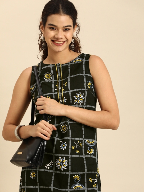 

Anouk Women Black & Yellow Floral Printed Sleevless Pure Cotton Kurta