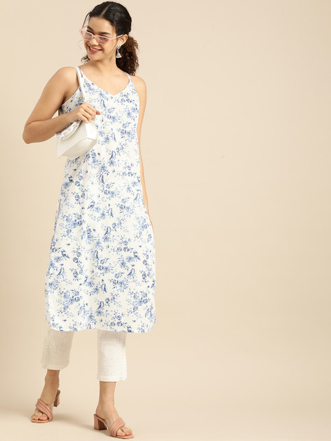 

Anouk Women White & Blue Floral Printed Floral Kurta