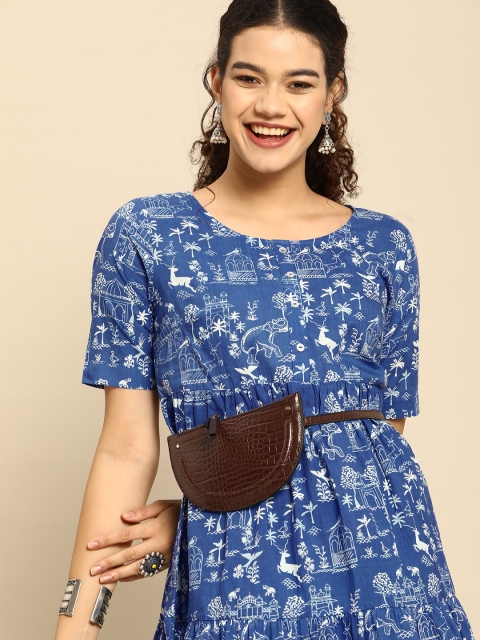 

Anouk Blue & White Conversational Printed Woven Fit N Flare Dress