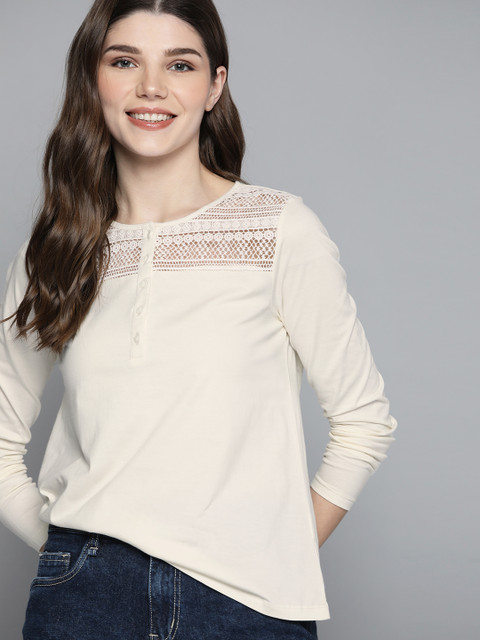 

Mast & Harbour Off White Solid Pure Cotton Top with Lace Inserts