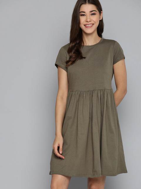 

Mast & Harbour Olive Green Solid Pure Cotton A-Line Dress