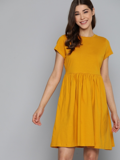 

Mast & Harbour Mustard Yellow Solid Pure Cotton A-Line Dress