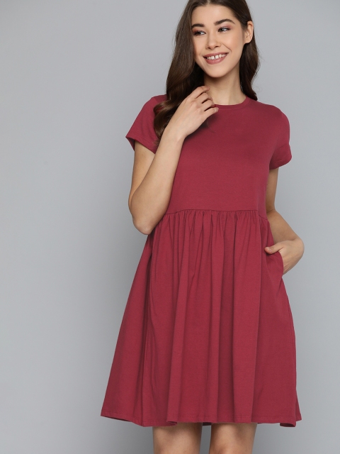 

Mast & Harbour Maroon Solid Pure Cotton A-Line Dress