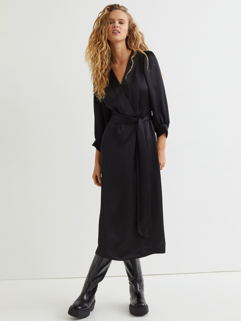 

H&M Women Black Solid Tie-Belt Satin Dress