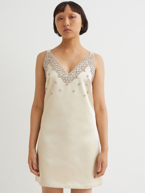 

H&M Women White Rhinestone-Detail Satin Dress