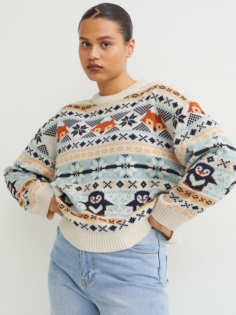 

H&M Women Beige Jacquard-knit jumper