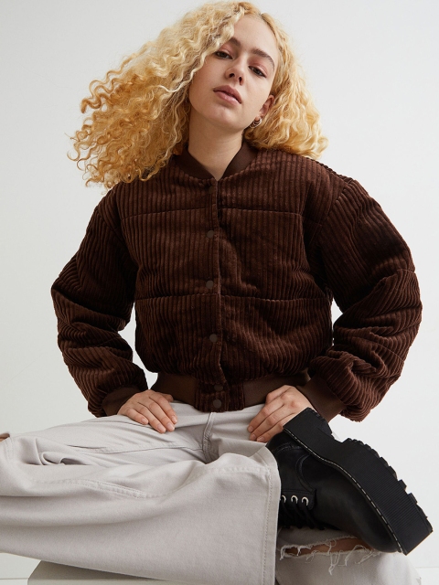 

H&M Women Brown Corduroy Bomber Jacket