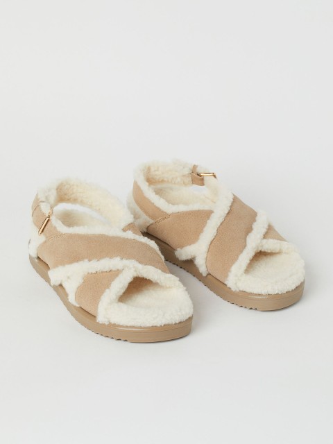 

H&M Women Beige Faux Shearling-Lined Suede Open Toe Flats