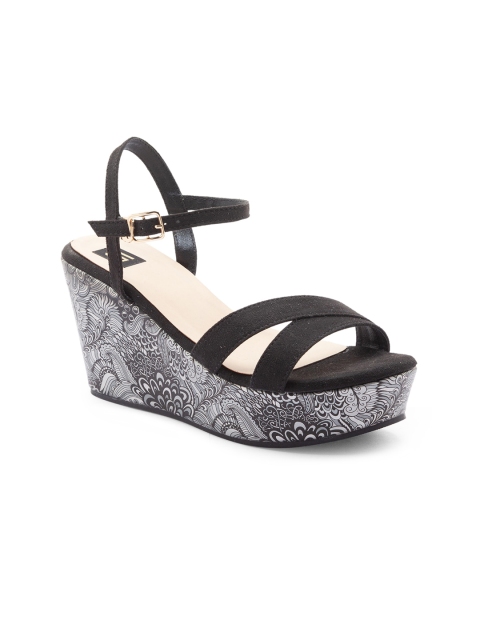 

Sole To Soul Women Black Wedge Sandals with Buckles