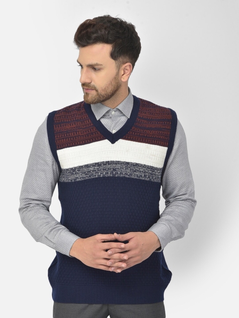 

COBB Men Navy Blue & White Colourblocked Sweater Vest