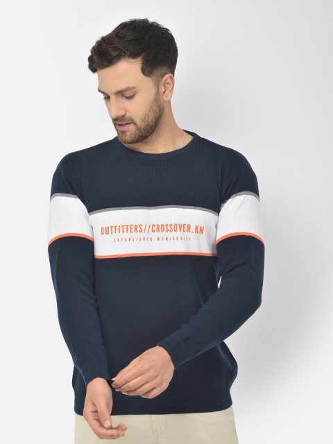 

COBB Men Navy Blue & Orange Acrylic Striped Pullover