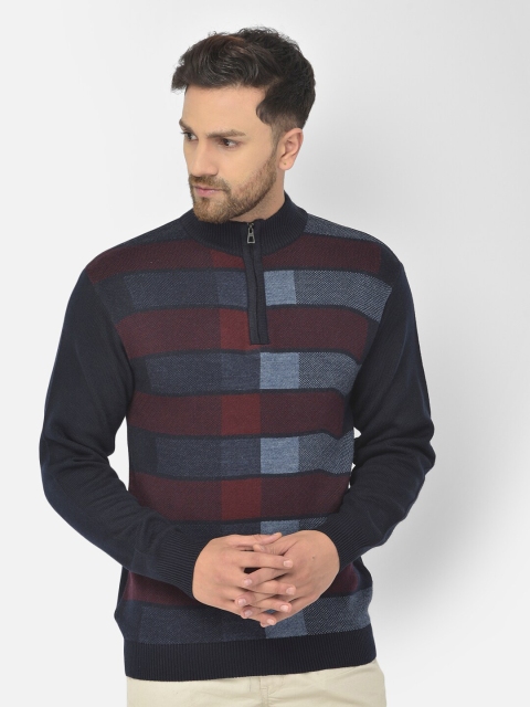 

COBB Men Navy Blue & Maroon Striped Pullover