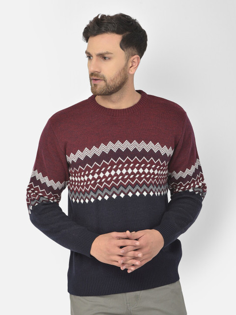 

COBB Men Burgundy & Navy Blue Geometric Acrylic Pullover Sweater