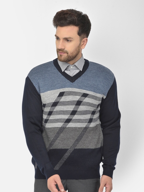 

COBB Men Navy Blue & Grey Colourblocked Striped Sweater Vest
