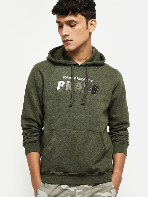 

max Men Olive Green Printed Hooded Sweatshirt