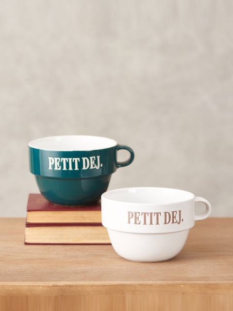

THEDECORKART Set Of 2 White & Green Petit Dej Printed Ceramic Glossy Cups