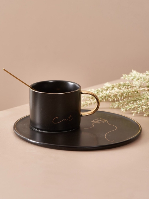 

THEDECORKART Black & Gold Printed Ceramic Glossy Mug with Tray