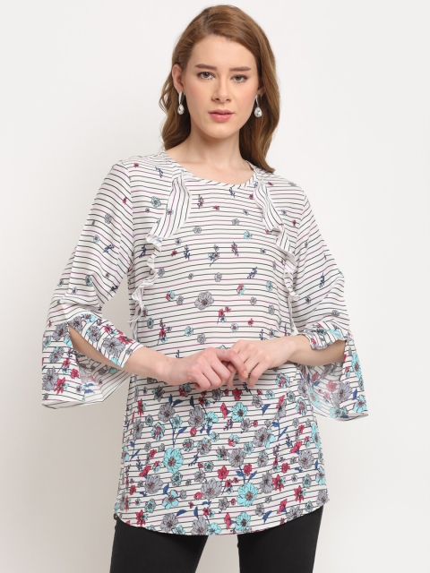 

Crozo By Cantabil Off White & Blue Floral Printed Cotton Tunic