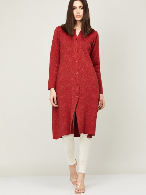 

Melange by Lifestyle Women Red Floral Printed Longline Acrylic Cardigan