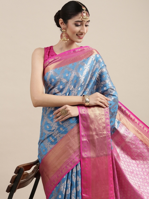 

PERFECTBLUE Blue & Pink Ethnic Motifs Silk Blend Saree